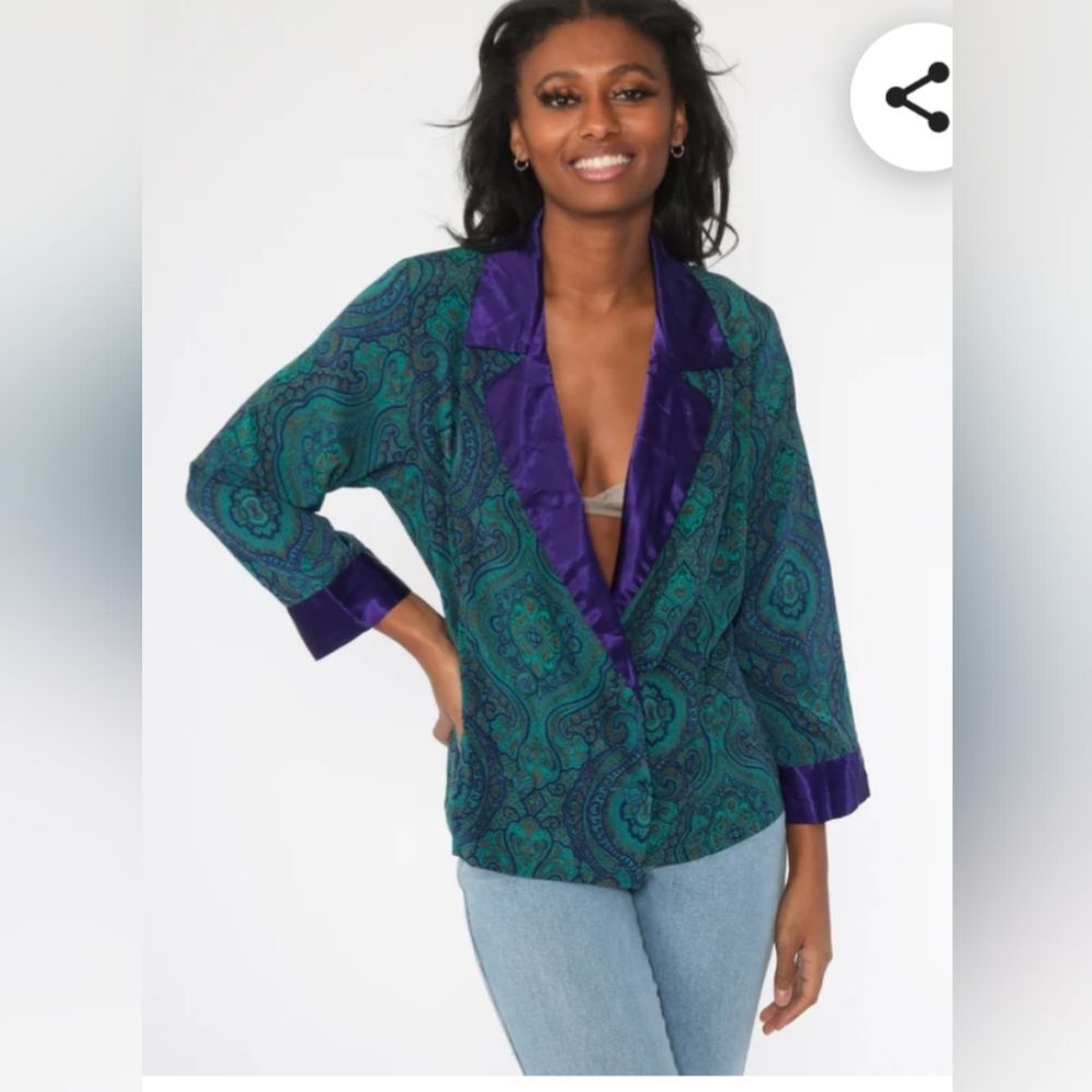 Vintage Victorias Secret Paisley purple green silky Pajama shirt lingerie L